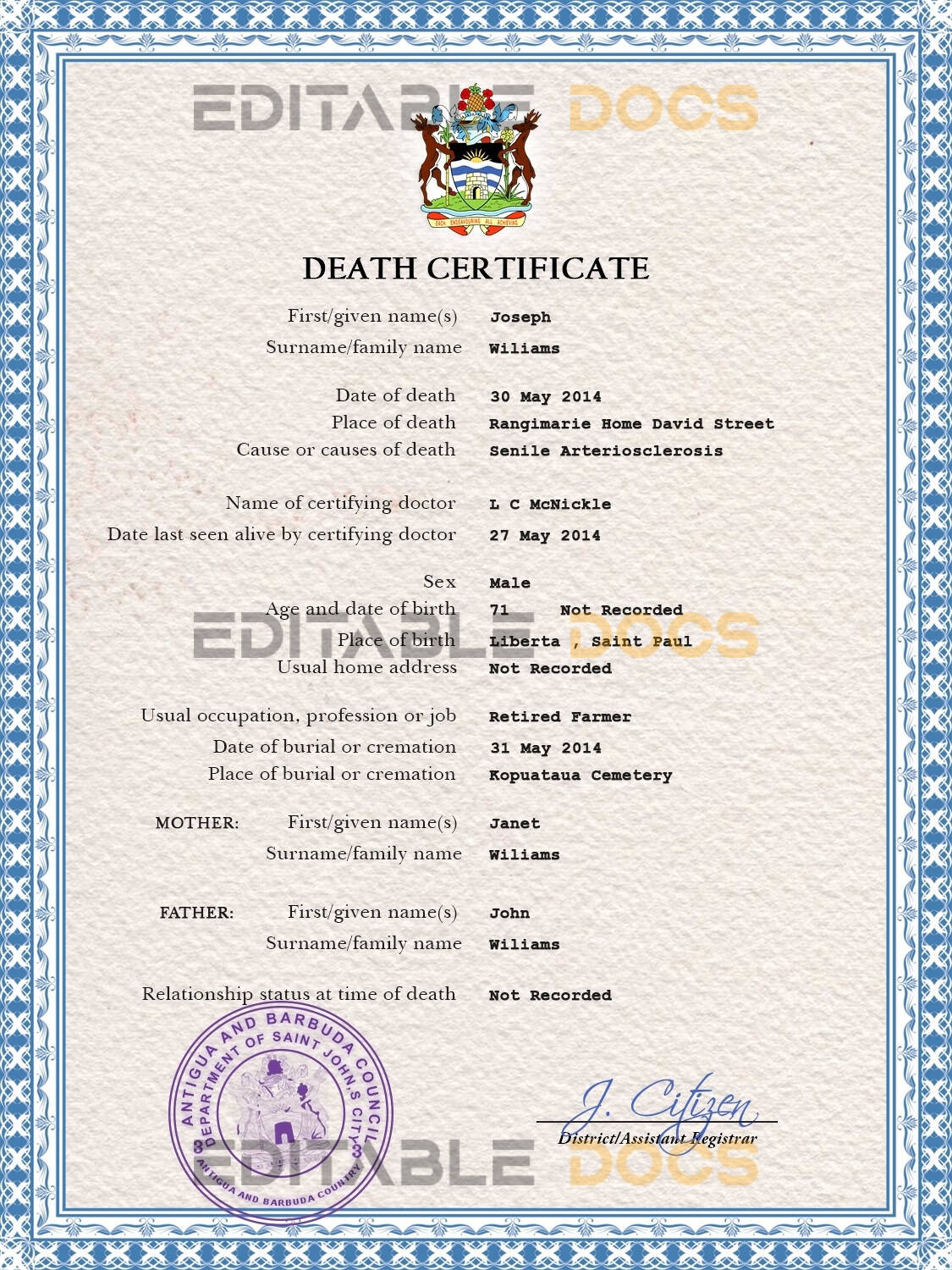 Customizable Antigua and Barbuda Death Certificate PSD Templates | Instant Download