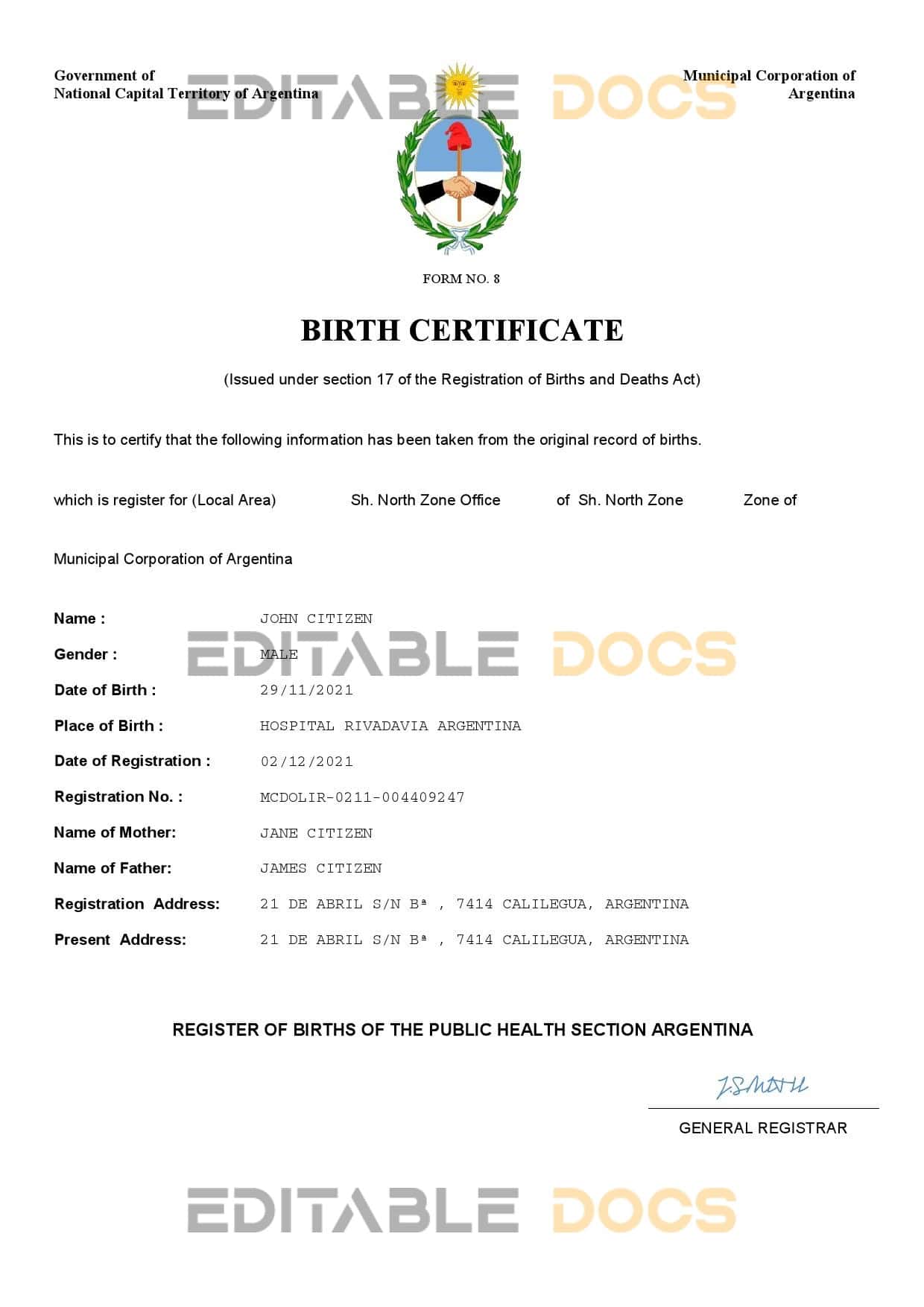 Authentic Argentina Birth Certificate Template | Customize and Download Online