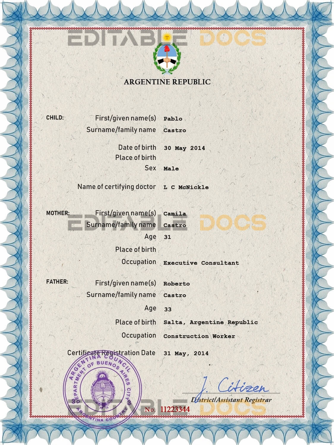 Authentic Argentina Birth Certificate Template | Customize and Download Online