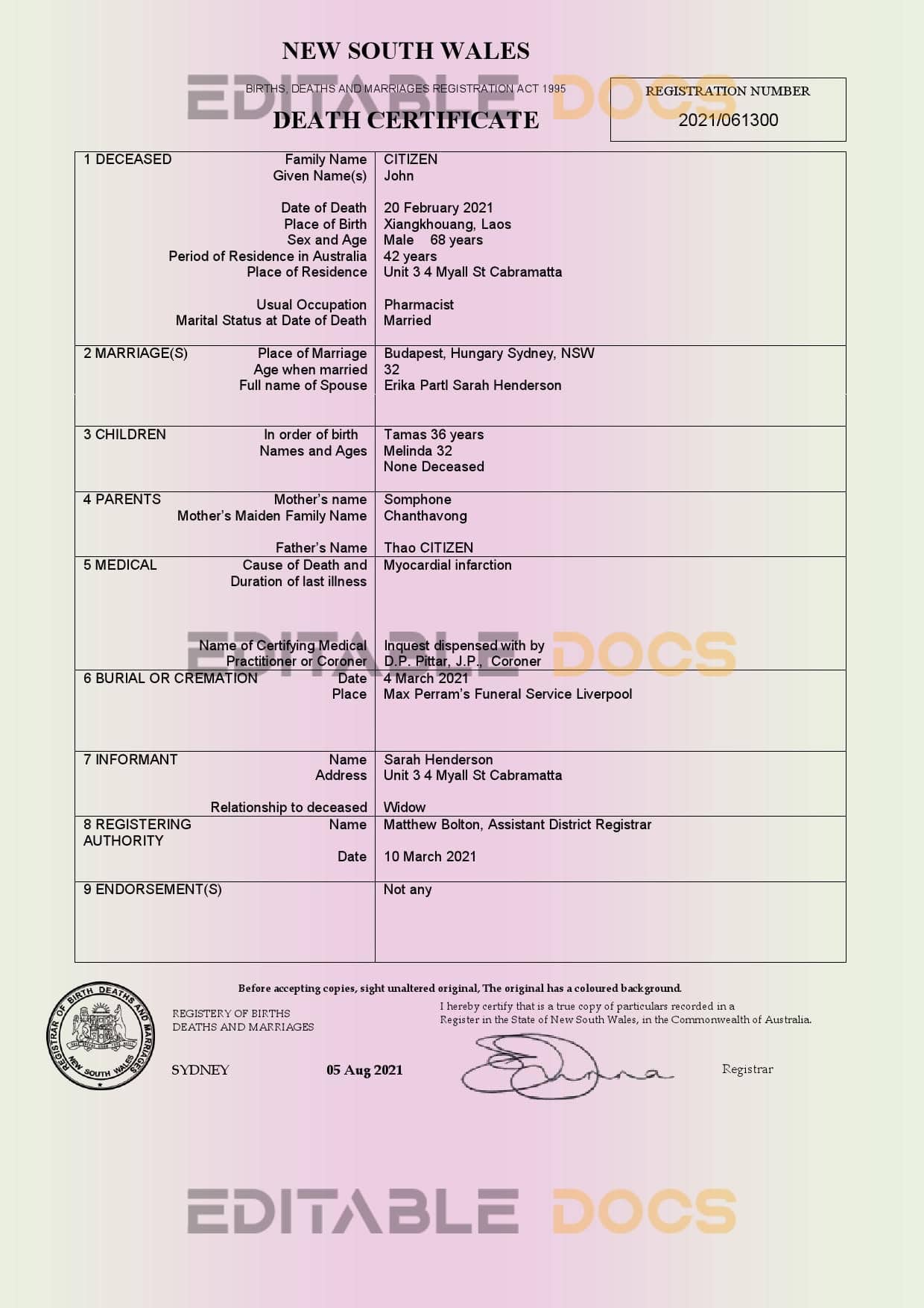 Fillable Australia New South Wales Death PDF Templates | Blank Docs