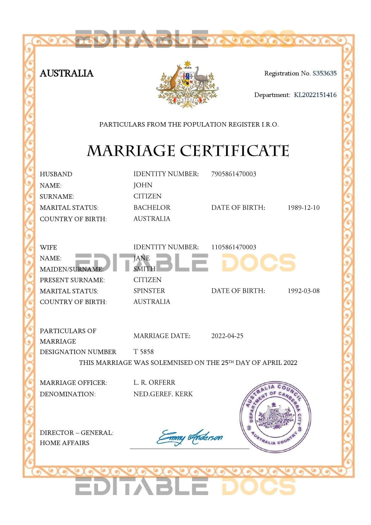 Australia Marriage Certificate | Editable PDF Templates