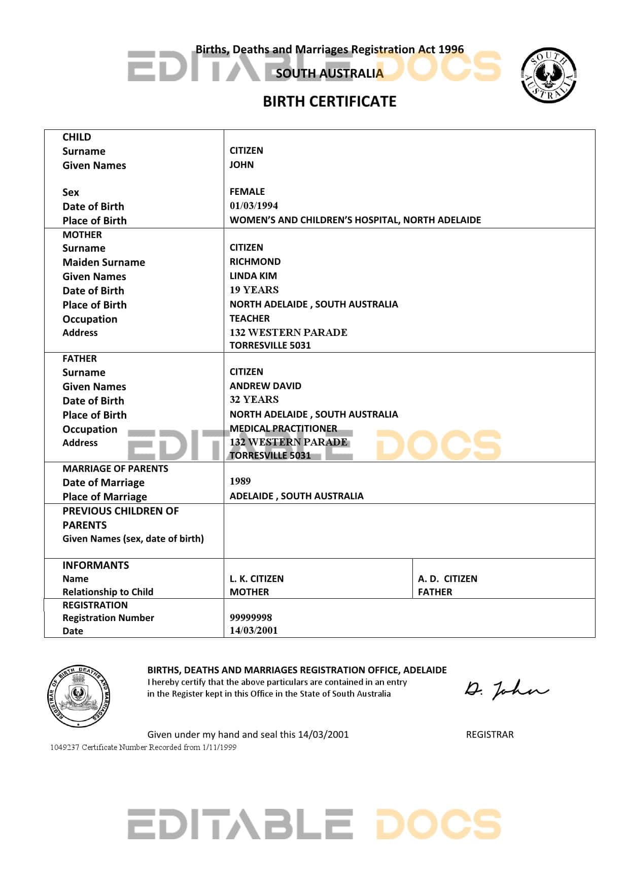Authentic Australia Western Australia Birth Certificate Template | Customize and Download Online