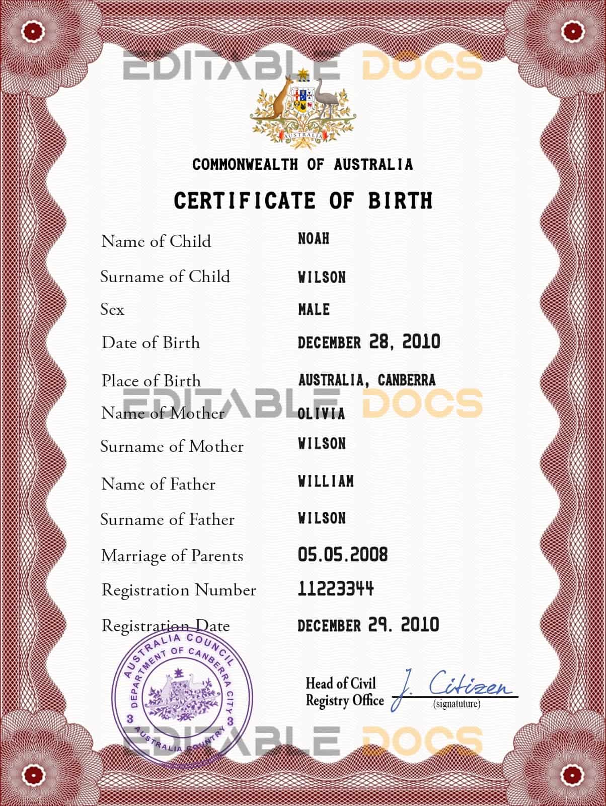 Authentic Australia Birth Certificate Template | Customize and Download Online
