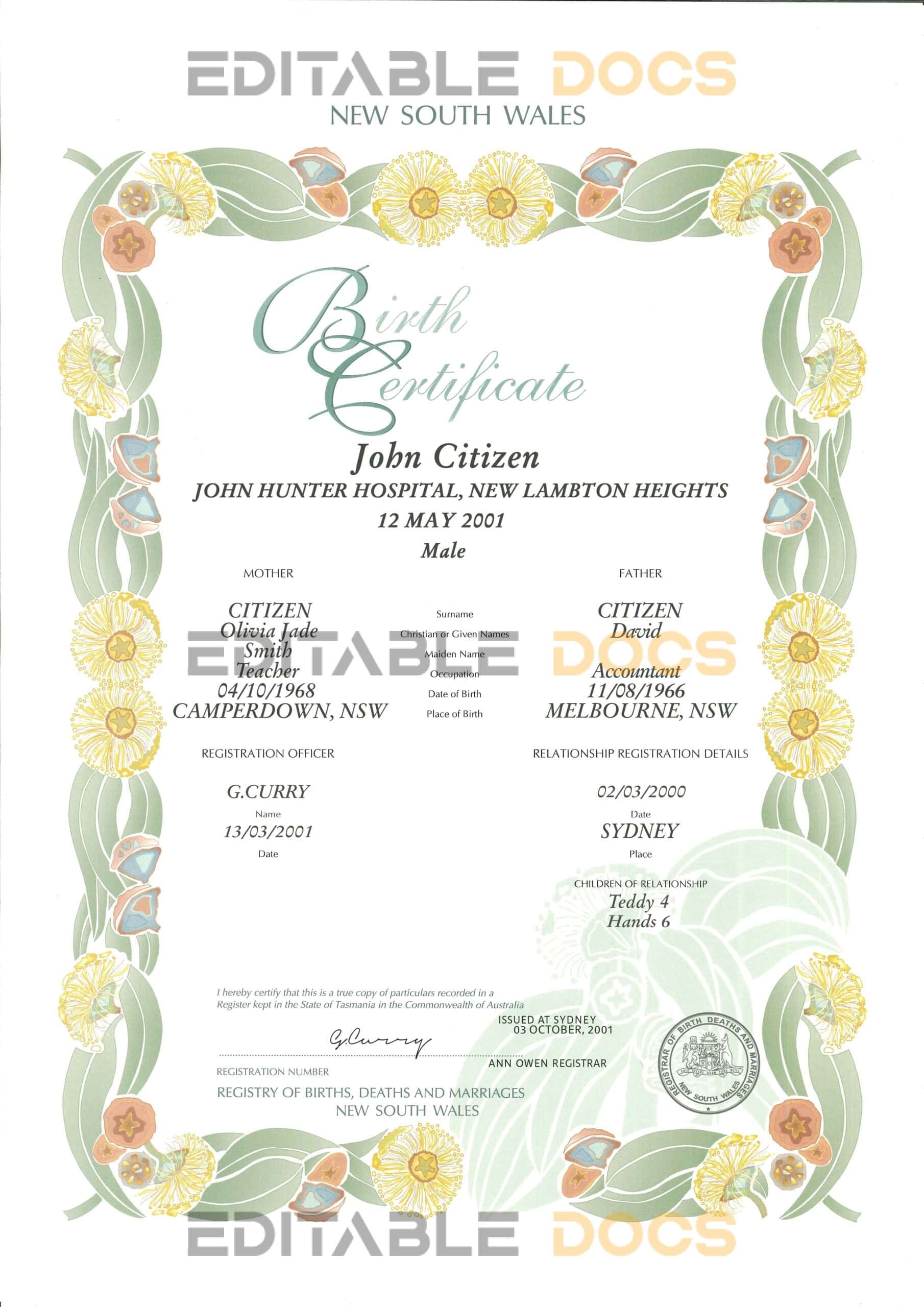 Authentic Australia Western Australia decorative Birth Certificate Template | Customize and Download Online