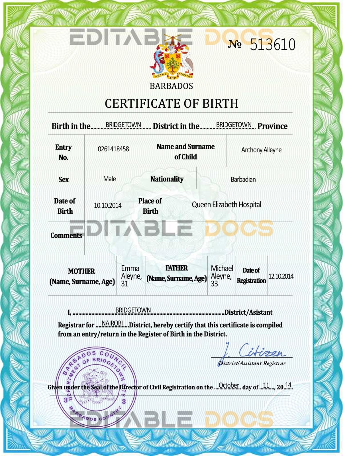 Authentic Barbados Birth Certificate Template | Customize and Download Online