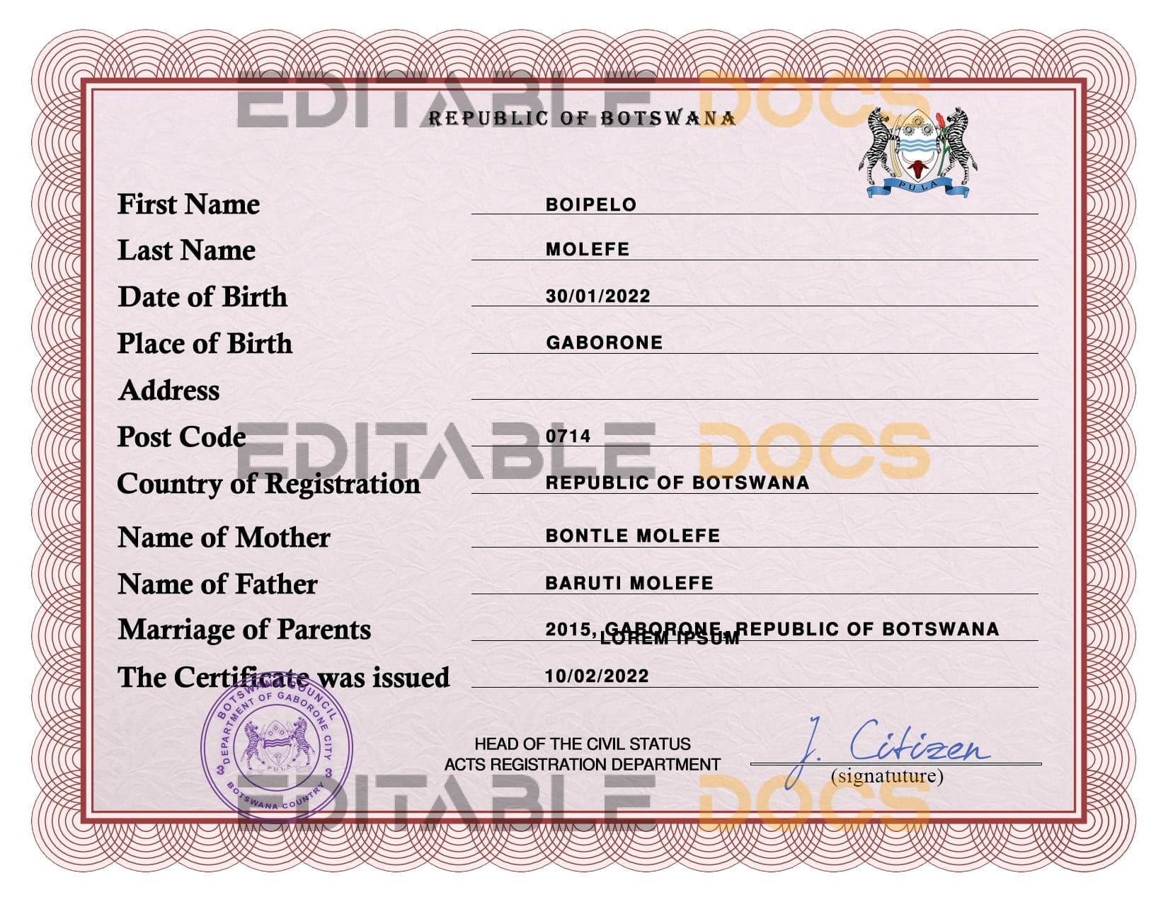 Authentic Botswana Birth Certificate Template | Customize and Download Online