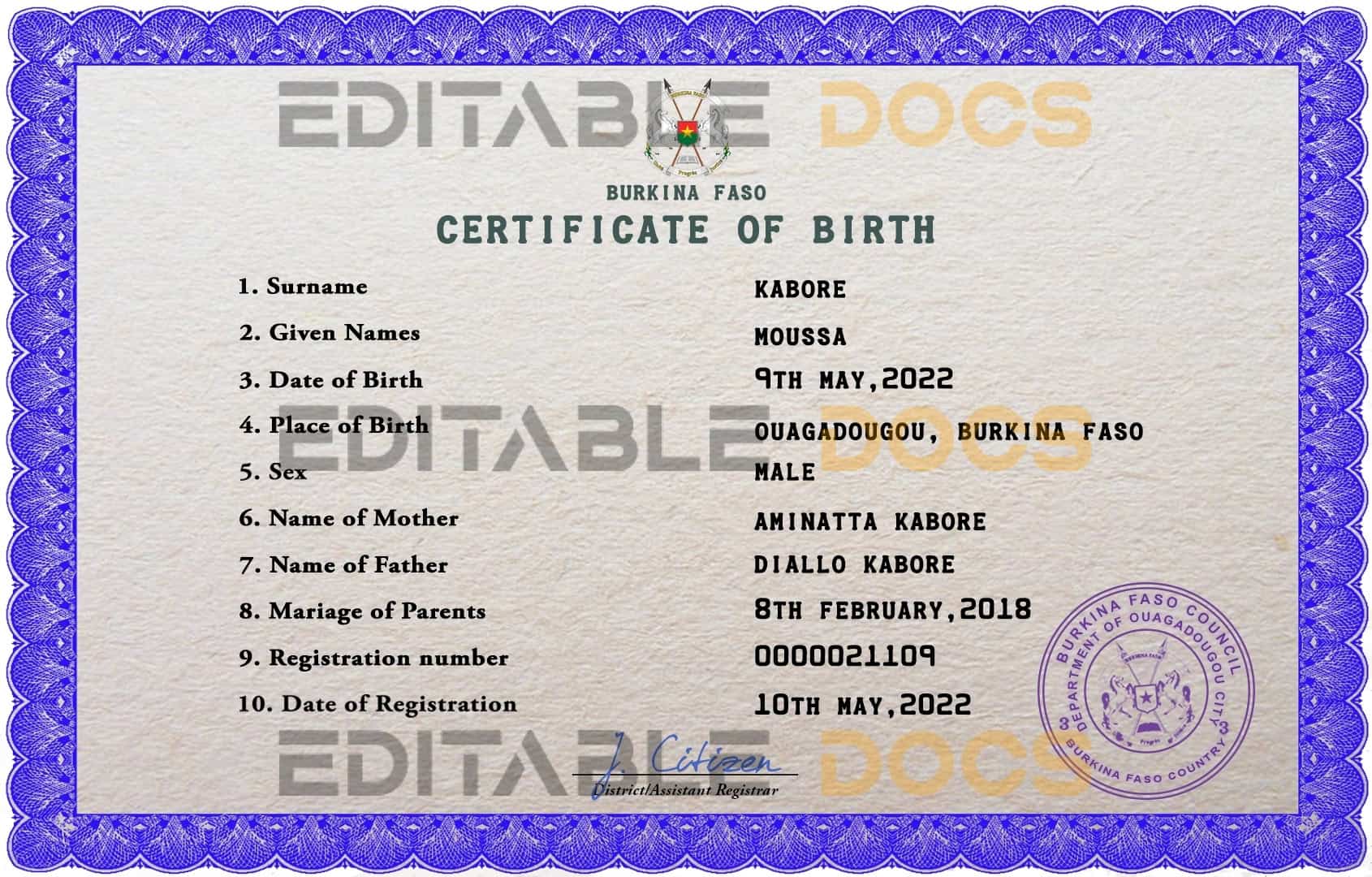 Authentic Burkina Faso Birth Certificate Template | Customize and Download Online