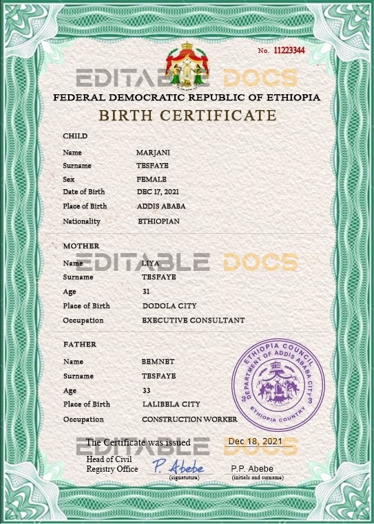 Authentic Ethiopia Birth Certificate Template | Customize and Download Online