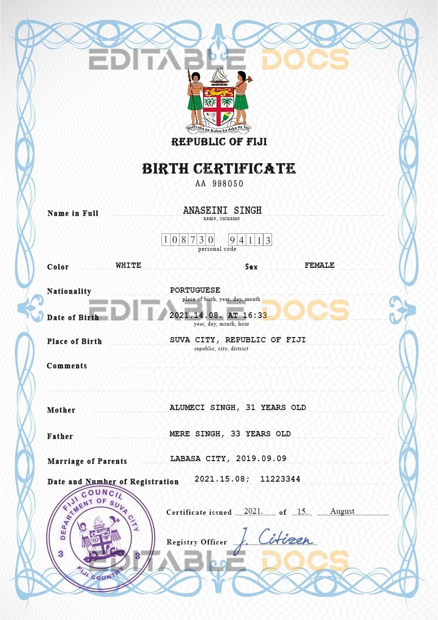 Authentic Fiji Birth Certificate Template | Customize and Download Online