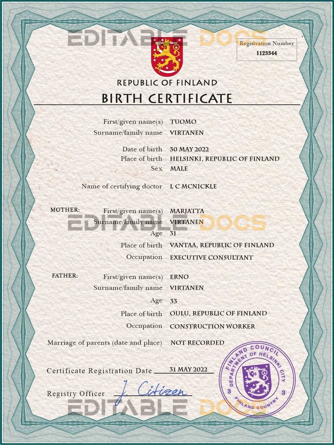 Authentic Finland Birth Certificate Template | Customize and Download Online
