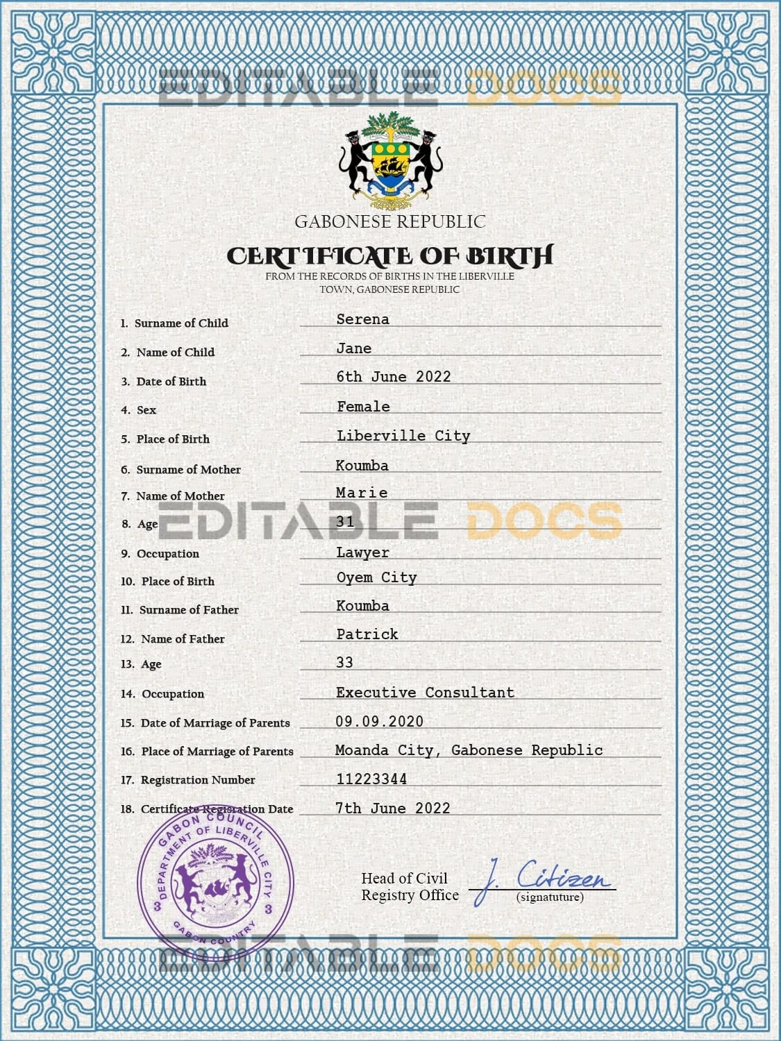 Authentic Gabon Birth Certificate Template | Customize and Download Online