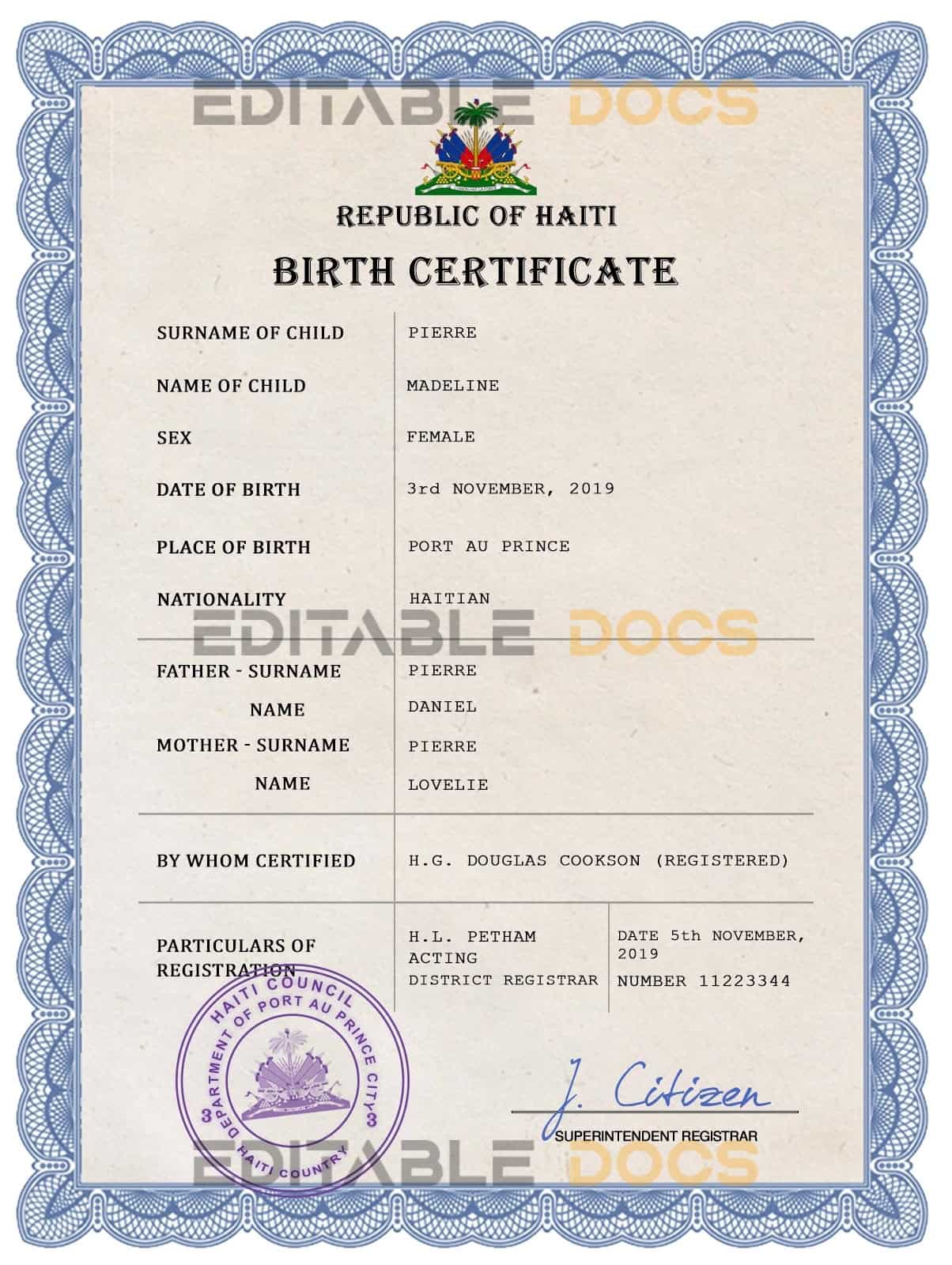 Authentic Haiti Birth Certificate Template | Customize and Download Online