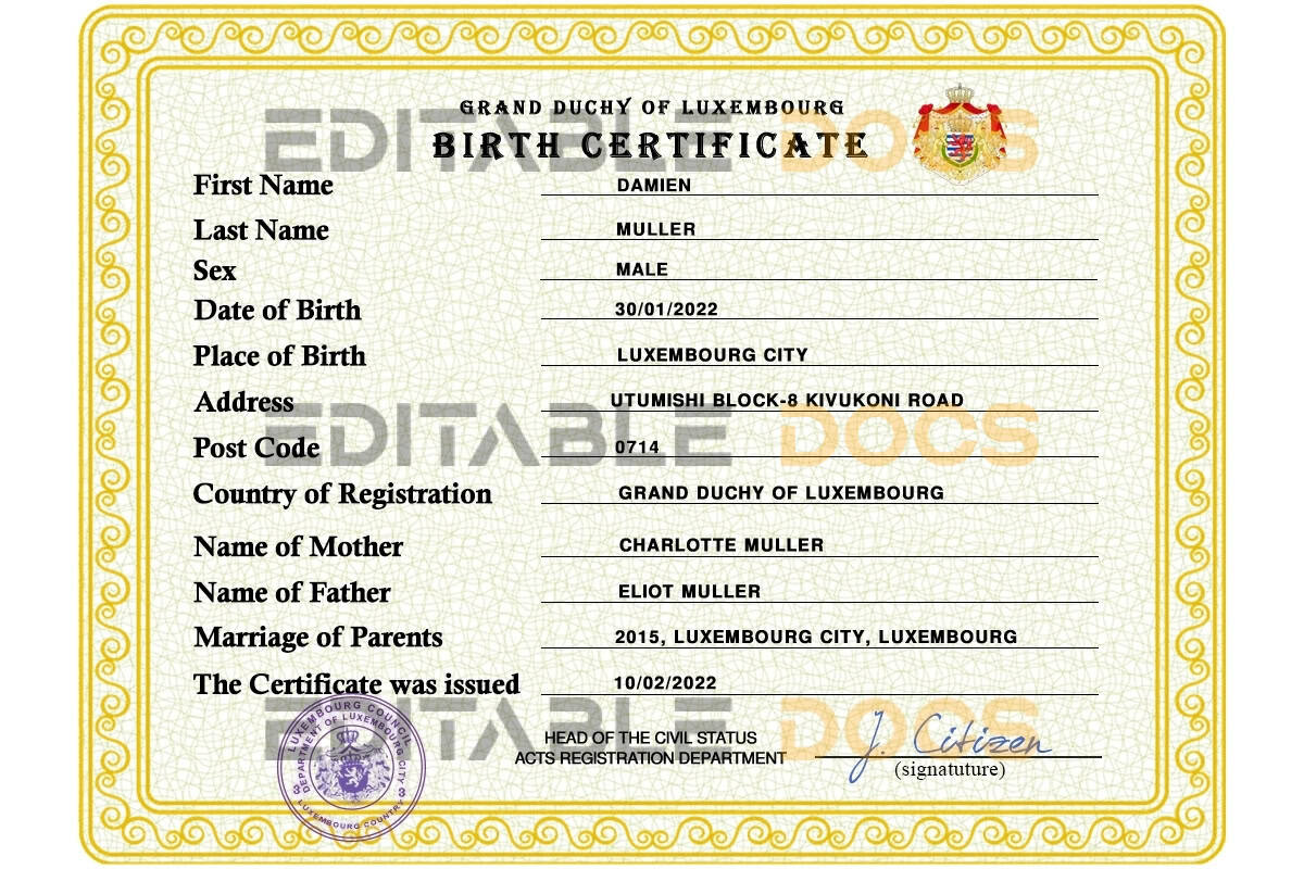 Authentic Luxembourg Birth Certificate Template | Customize and Download Online