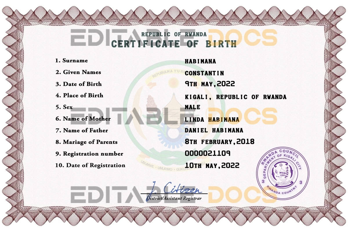 Authentic Rwanda Birth Certificate Template | Customize and Download Online