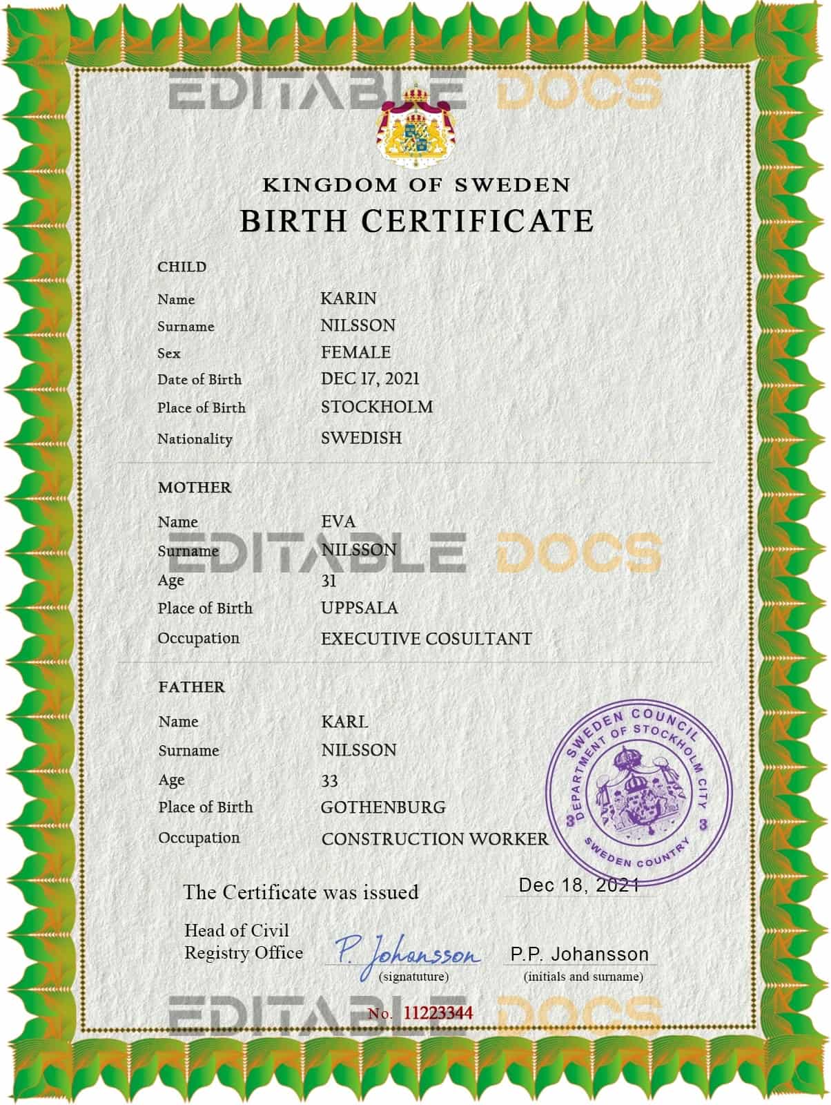 Authentic Sweden Birth Certificate Template | Customize and Download Online