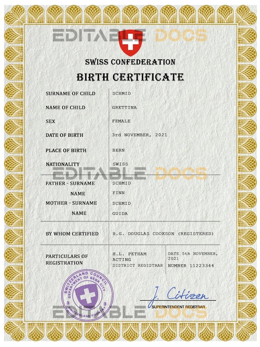 Authentic Switzerland Birth Certificate Template | Customize and Download Online