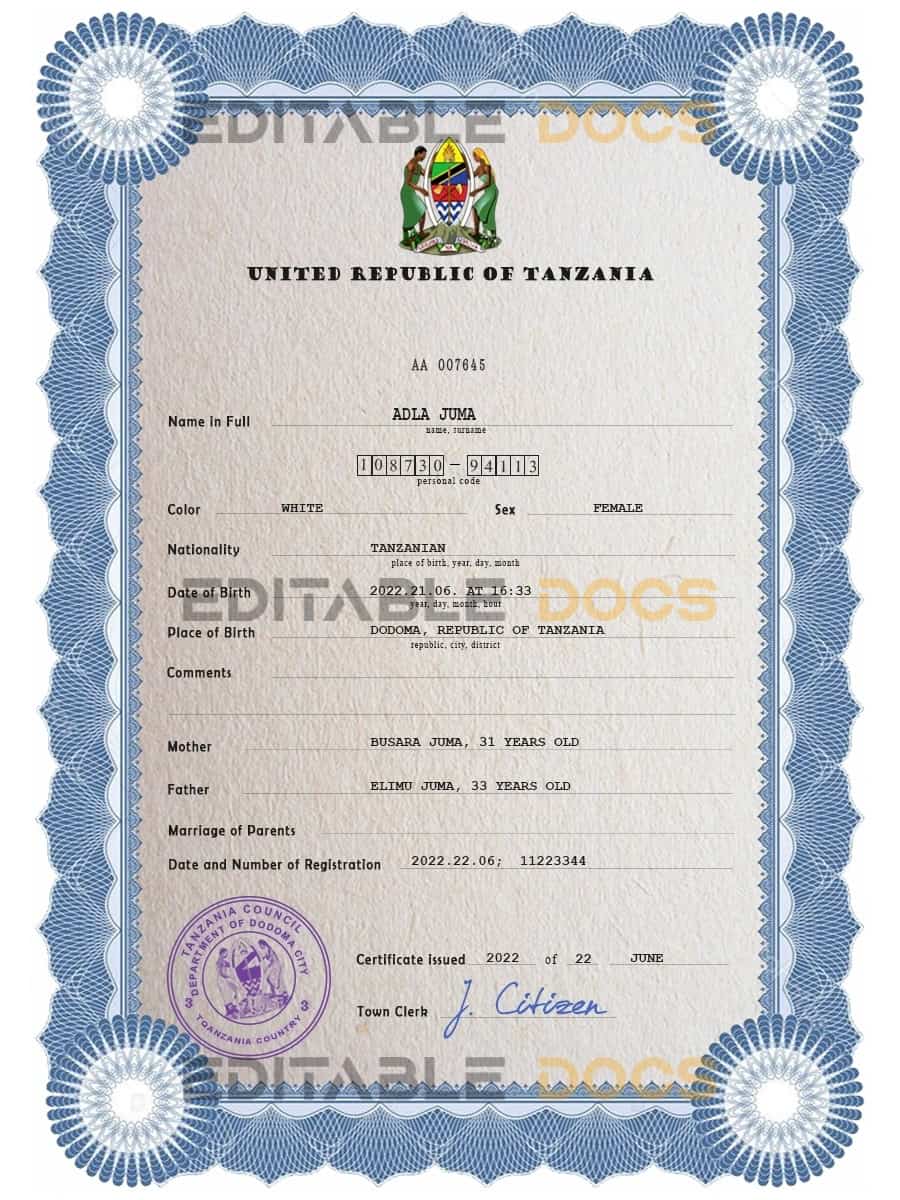 Authentic Tanzania Birth Certificate Template | Customize and Download Online