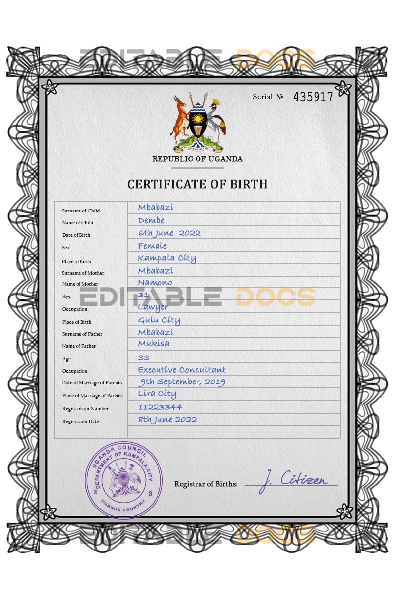 Authentic Uganda Birth Certificate Template | Customize and Download Online