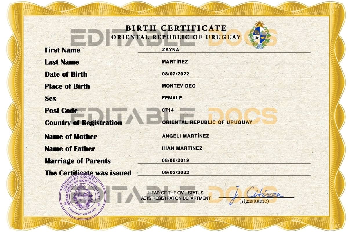 Authentic Uruguay Birth Certificate Template | Customize and Download Online