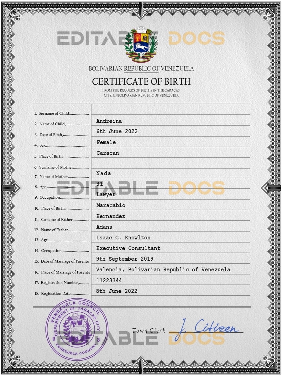 Authentic Venezuela Birth Certificate Template | Customize and Download Online