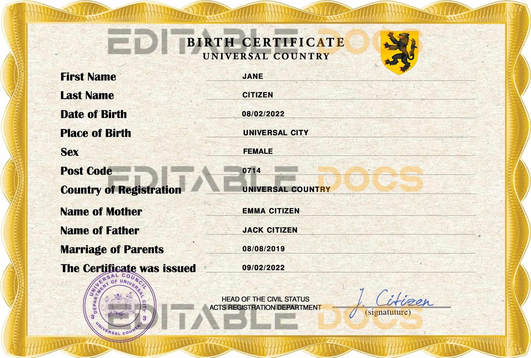 Authentic birthverse universal Birth Certificate PSD Template | Customize and Download Online