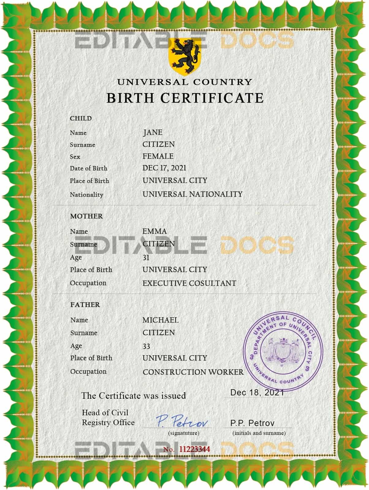 Authentic bold universsio universal Birth Certificate PSD Template | Customize and Download Online