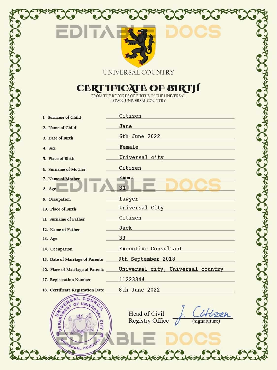 Authentic foster universal Birth Certificate PSD Template | Customize and Download Online