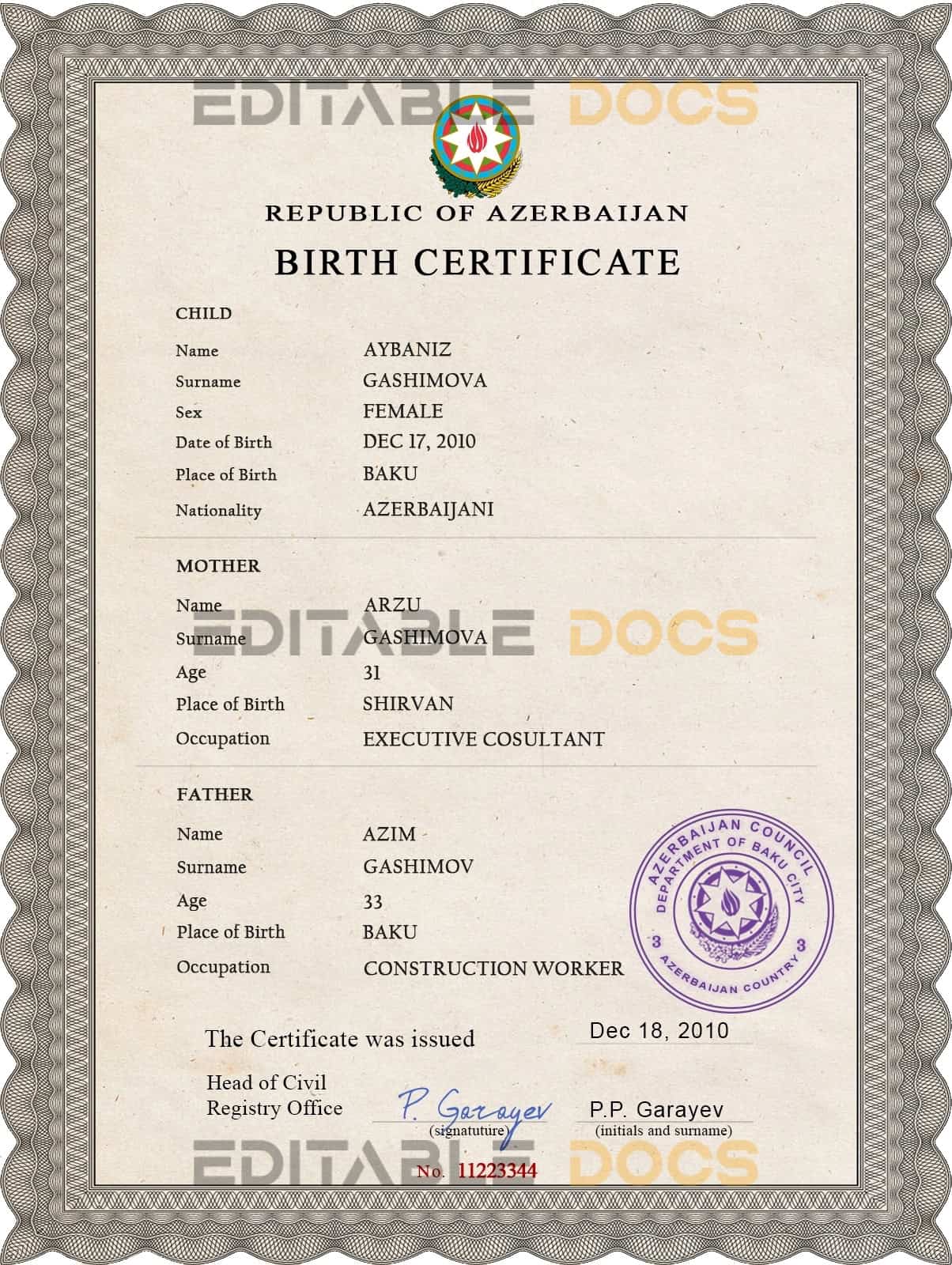Authentic Azerbaijan Birth Certificate Template | Customize and Download Online