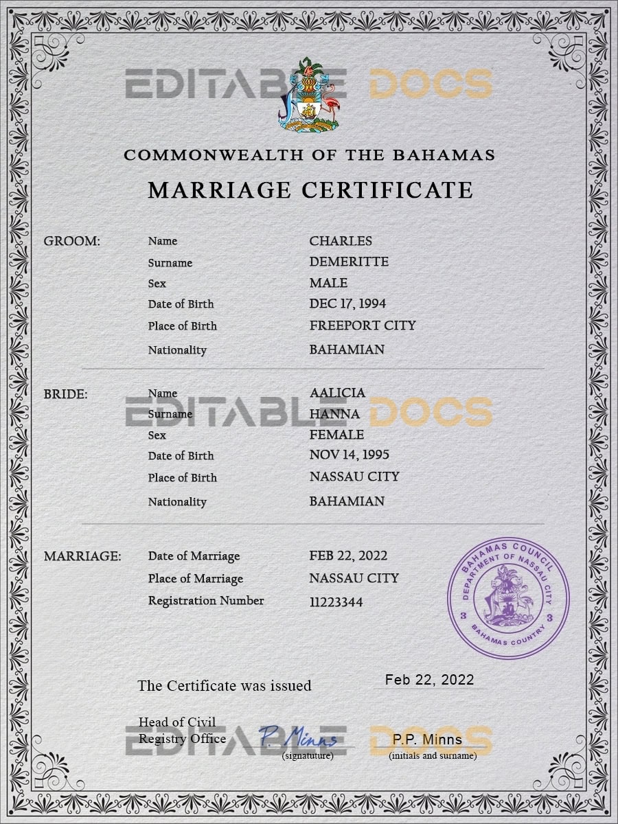 Bahamas Marriage Certificate | Editable PSD Templates