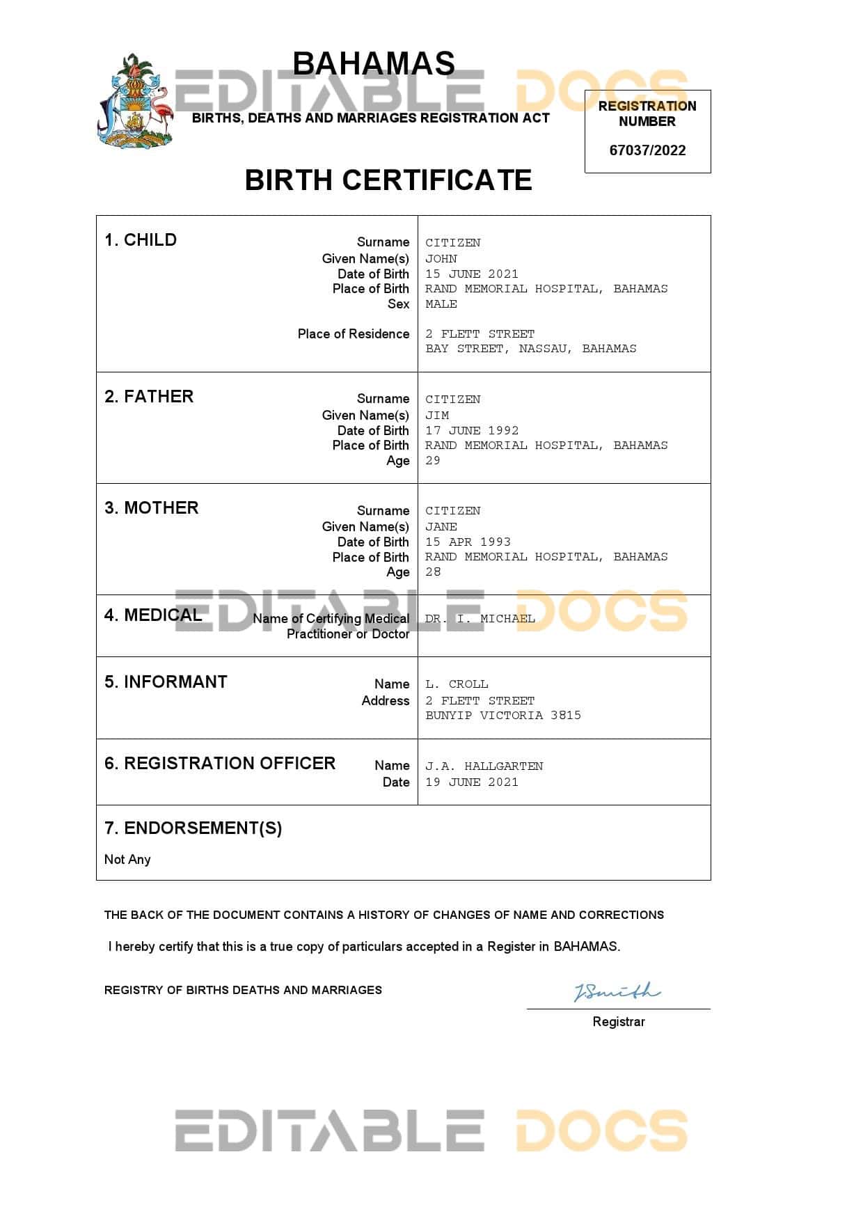 Authentic Bahamas Birth Certificate Template | Customize and Download Online