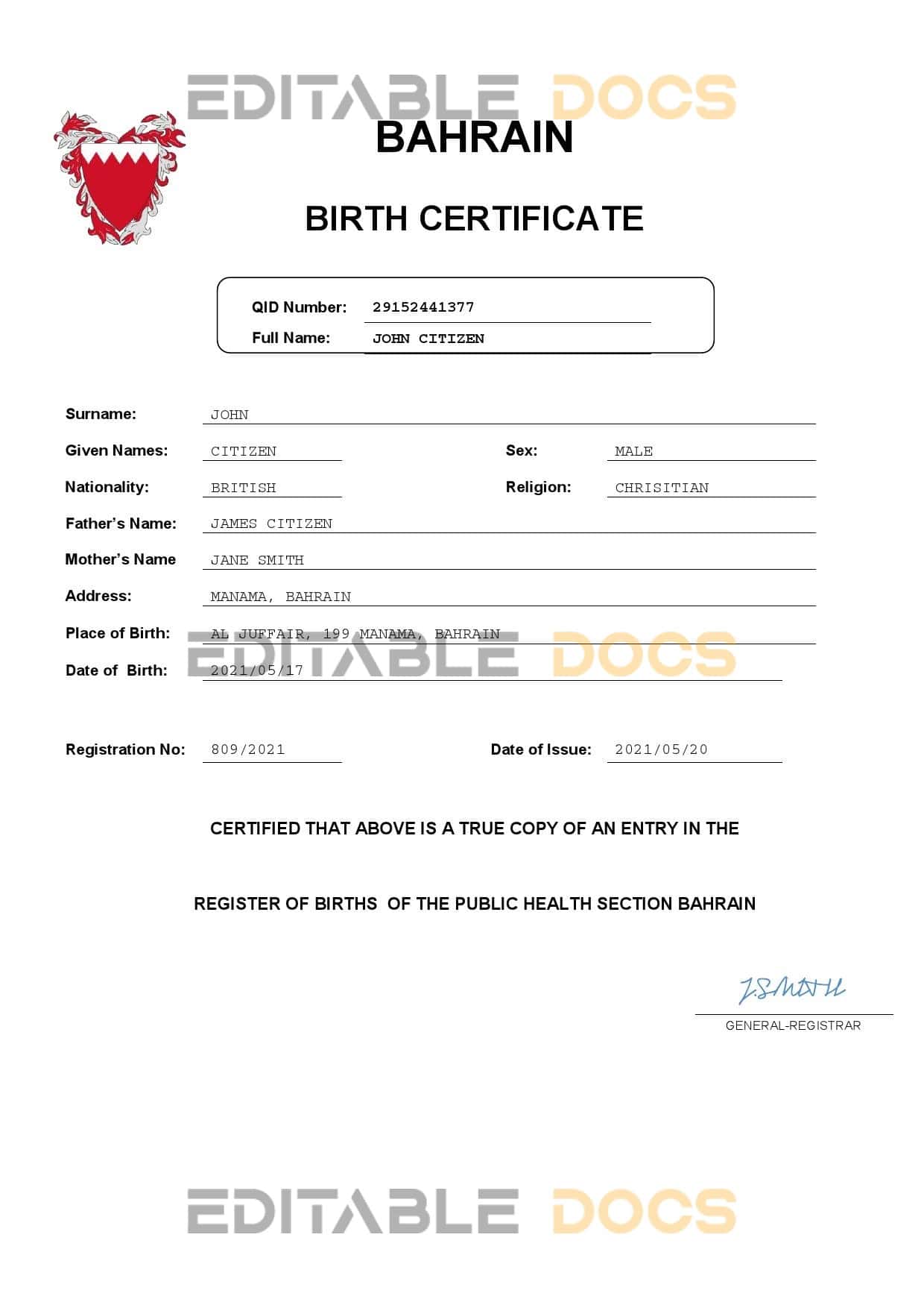 Authentic Bahrain Birth Certificate Template | Customize and Download Online