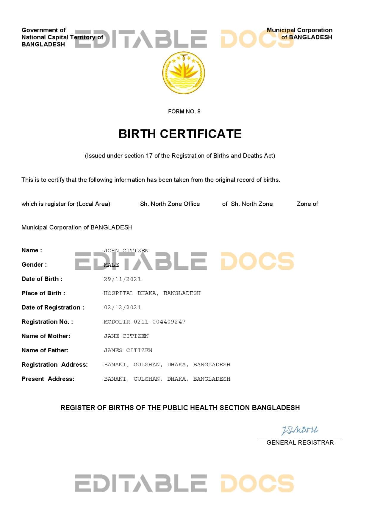 Authentic Bangladesh Birth Certificate Template | Customize and Download Online