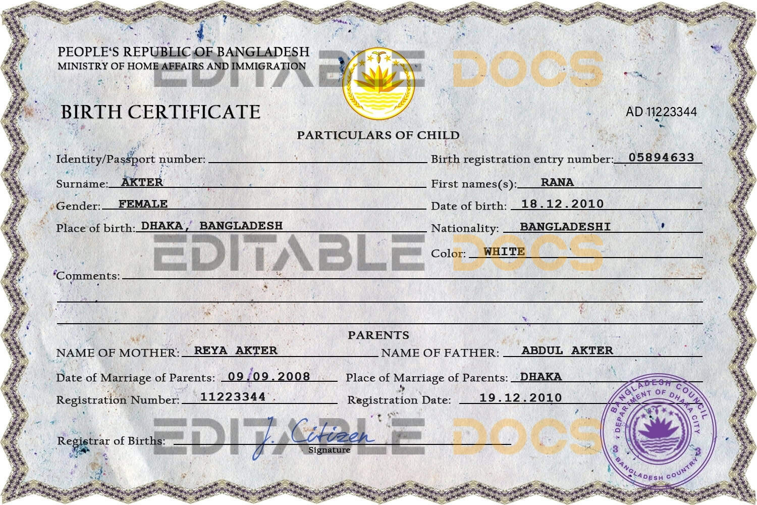 Authentic Bangladesh Birth Certificate Template | Customize and Download Online