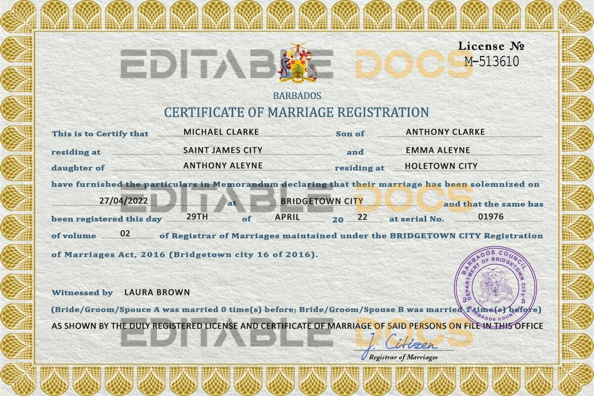 Barbados Marriage Certificate | Editable PSD Templates