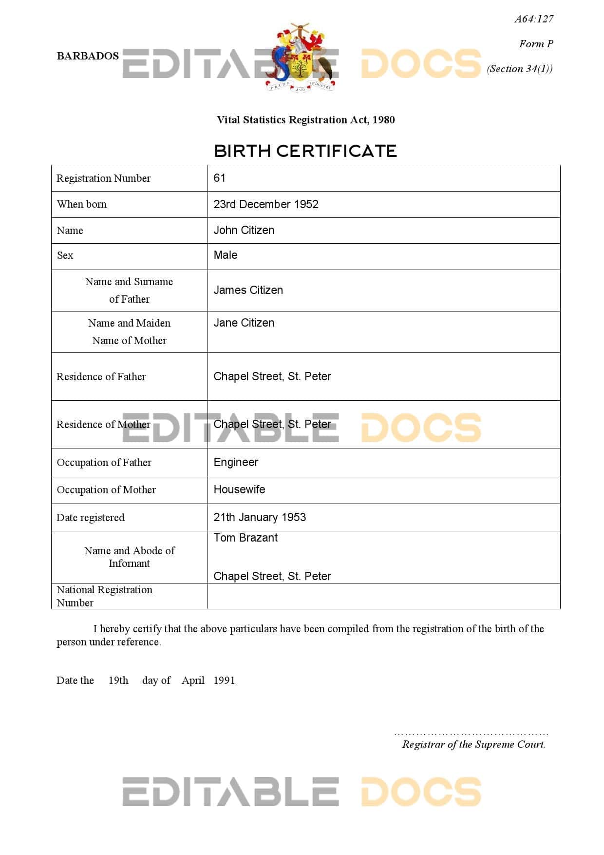 Authentic Barbados Birth Certificate Template | Customize and Download Online