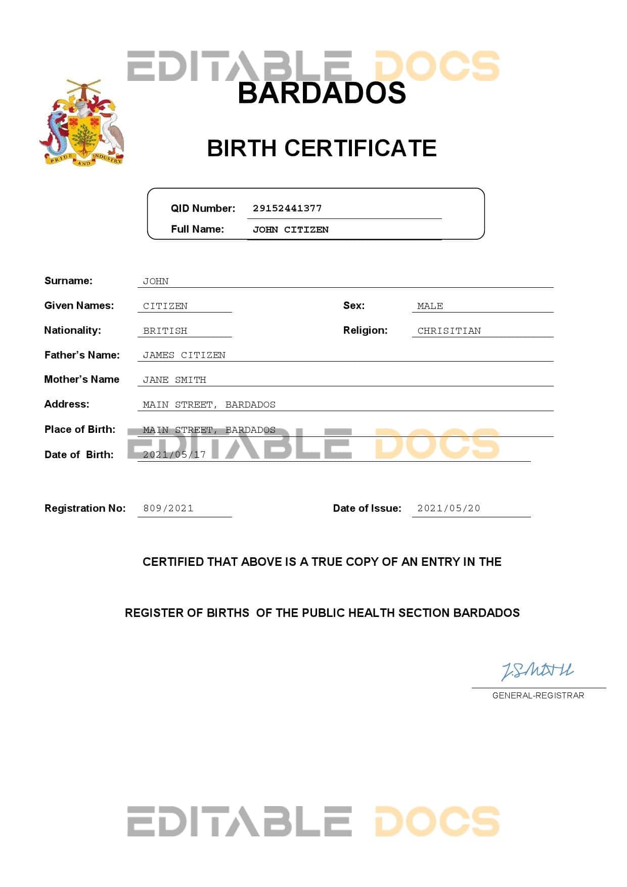 Authentic Barbados Birth Certificate Template | Customize and Download Online