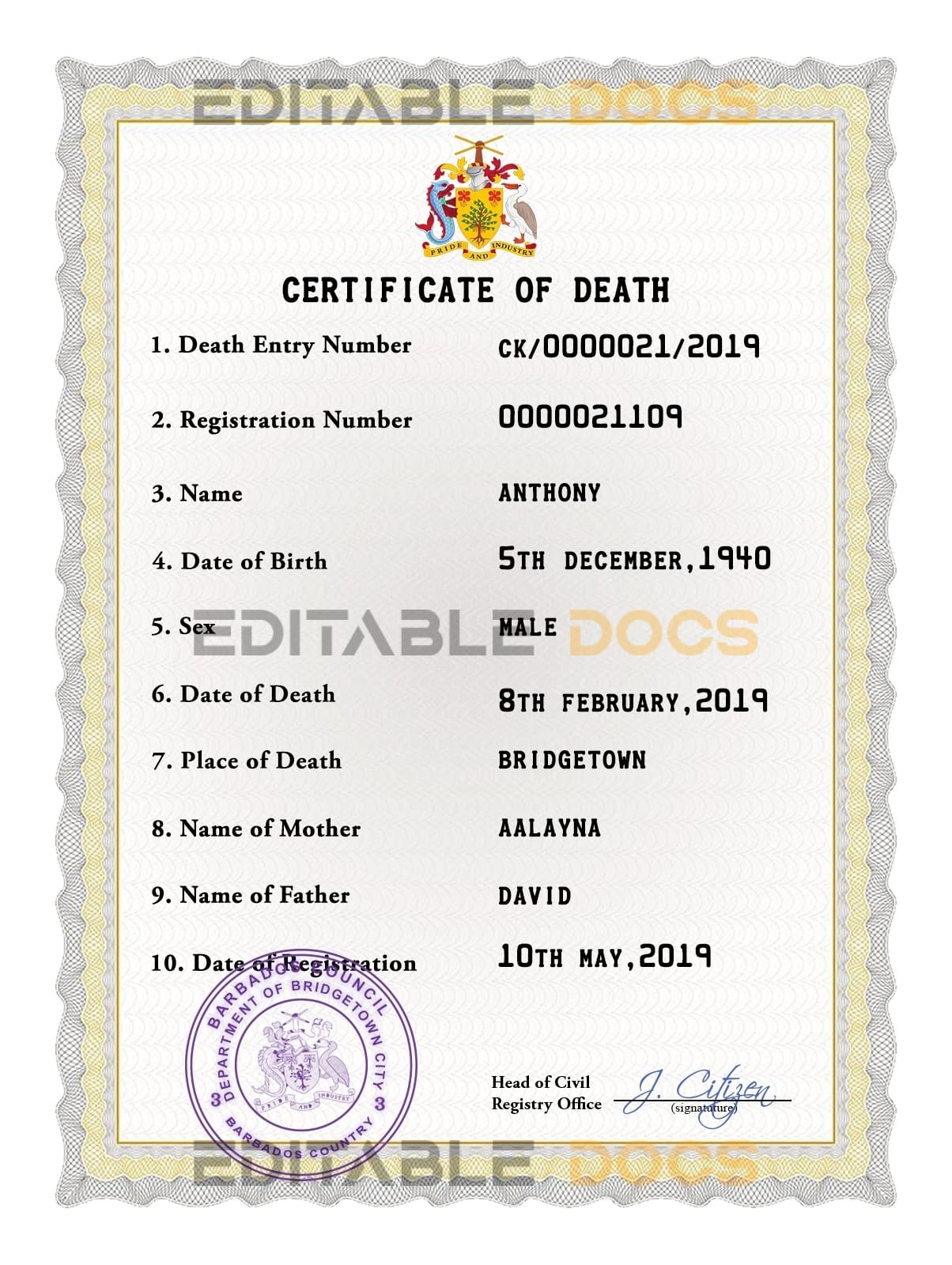 Customizable Barbados Death Certificate PSD Templates | Instant Download