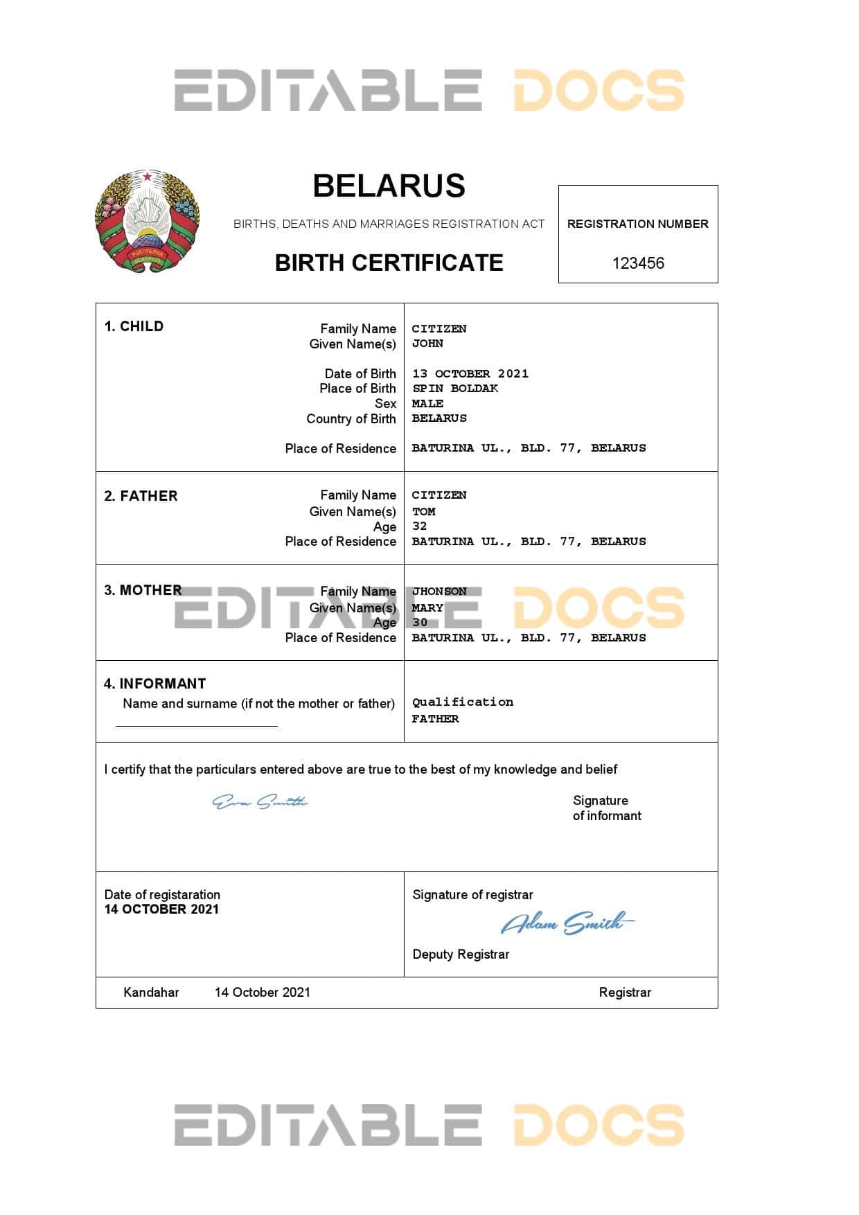 Authentic Belarus Birth Certificate Template | Customize and Download Online