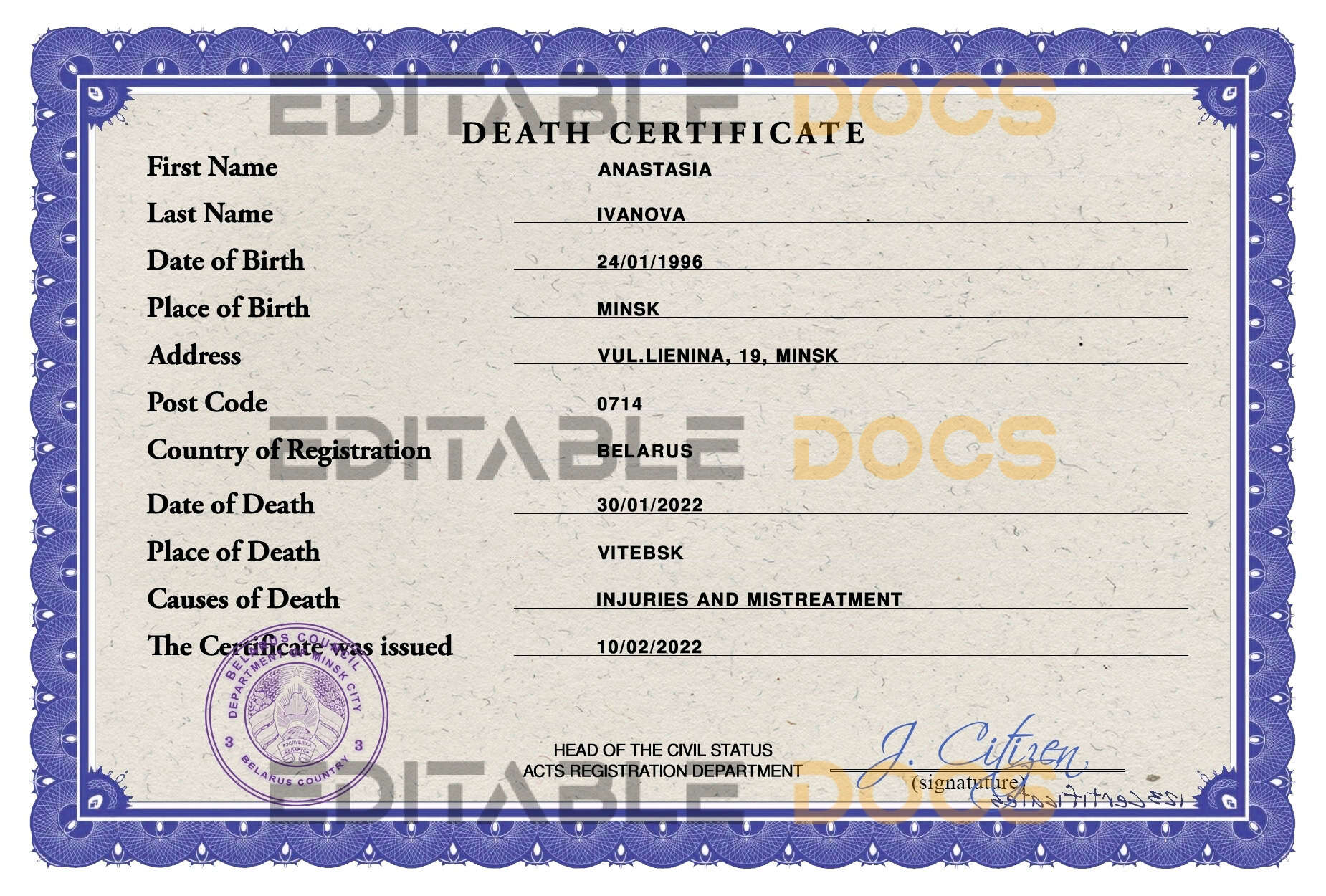 Customizable Belarus Death Certificate PSD Templates | Instant Download