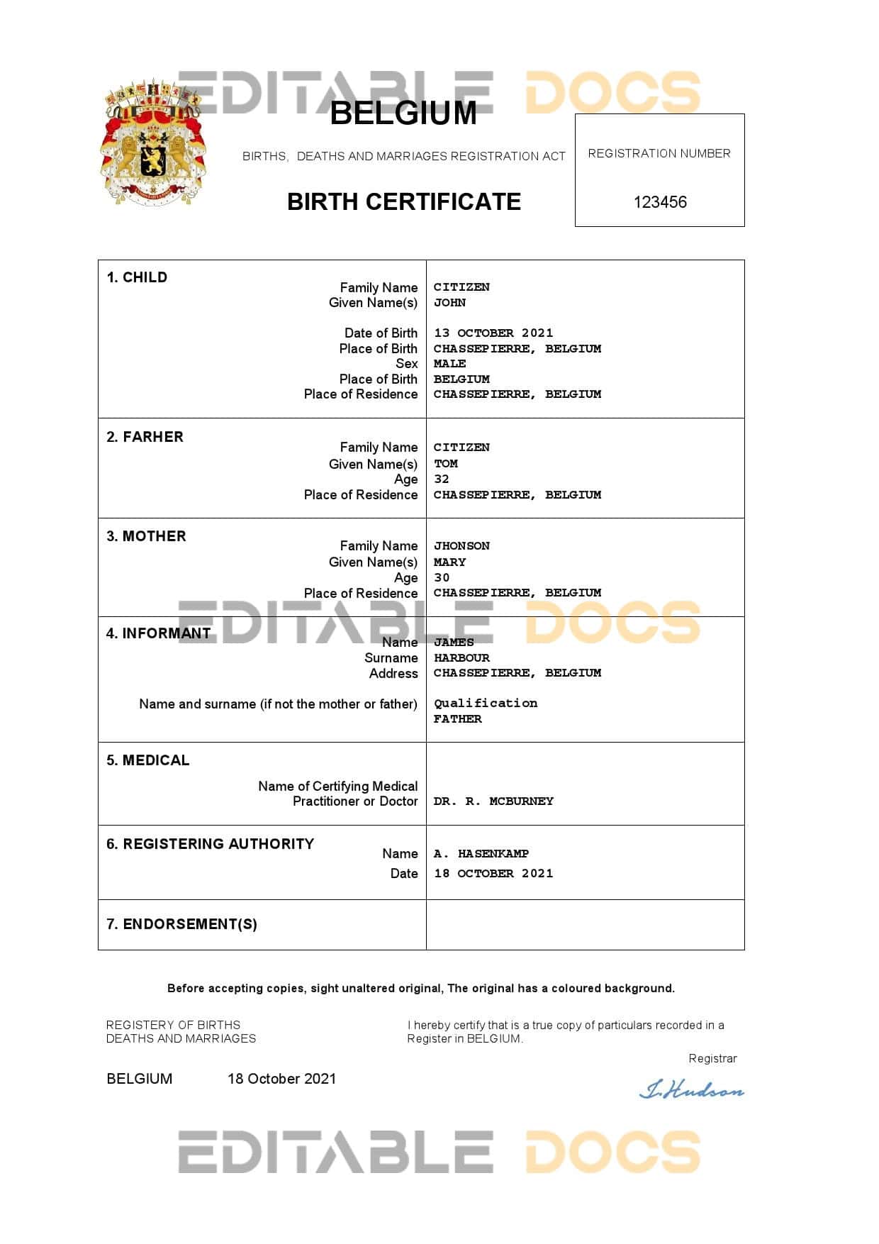 Authentic Belgium Birth Certificate Template | Customize and Download Online