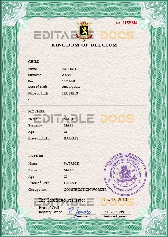 Authentic Belgium Birth Certificate Template | Customize and Download Online