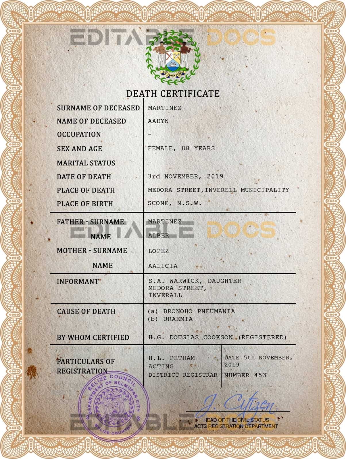 Customizable Belize Death Certificate PSD Templates | Instant Download