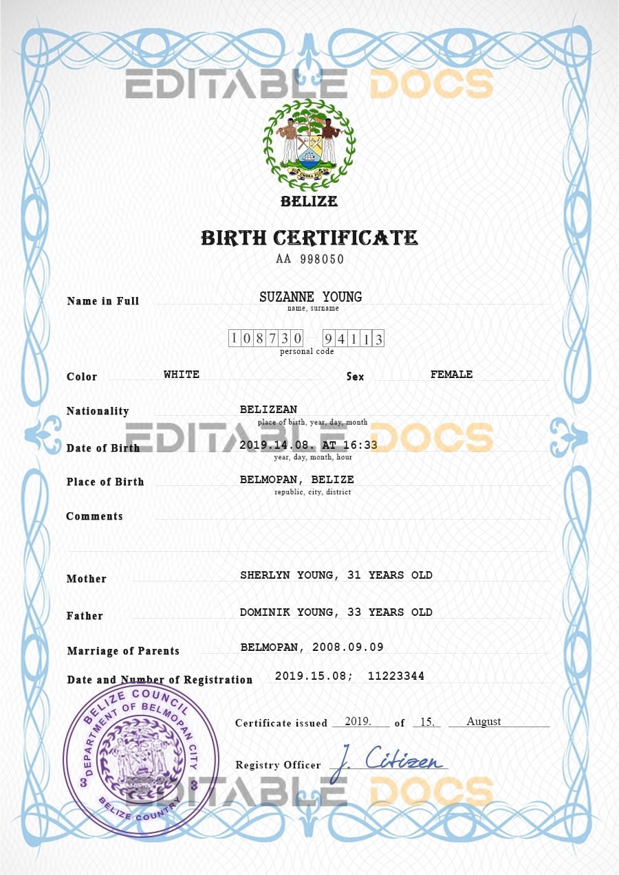 Authentic Belize Birth Certificate Template | Customize and Download Online