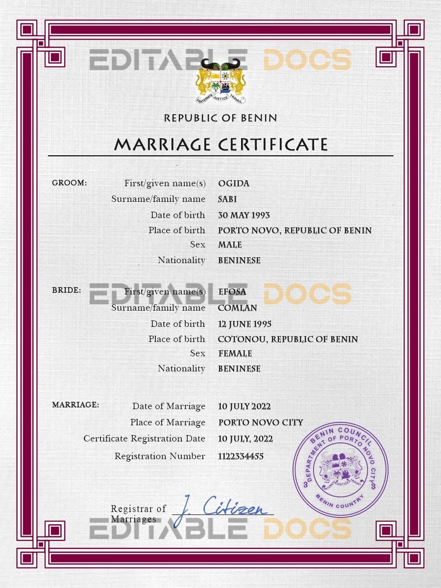 Benin Marriage Certificate | Editable PSD Templates