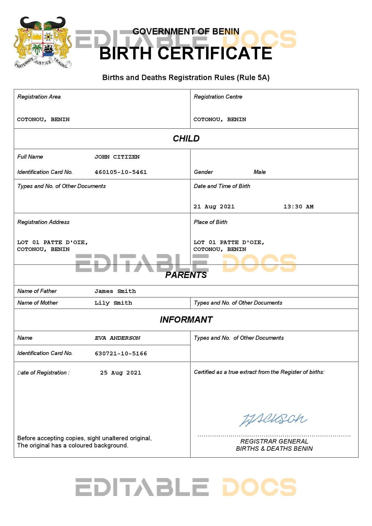 Authentic Benin Birth Certificate Template | Customize and Download Online