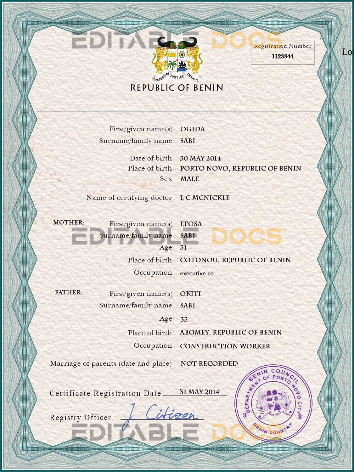Authentic Benin Birth Certificate Template | Customize and Download Online