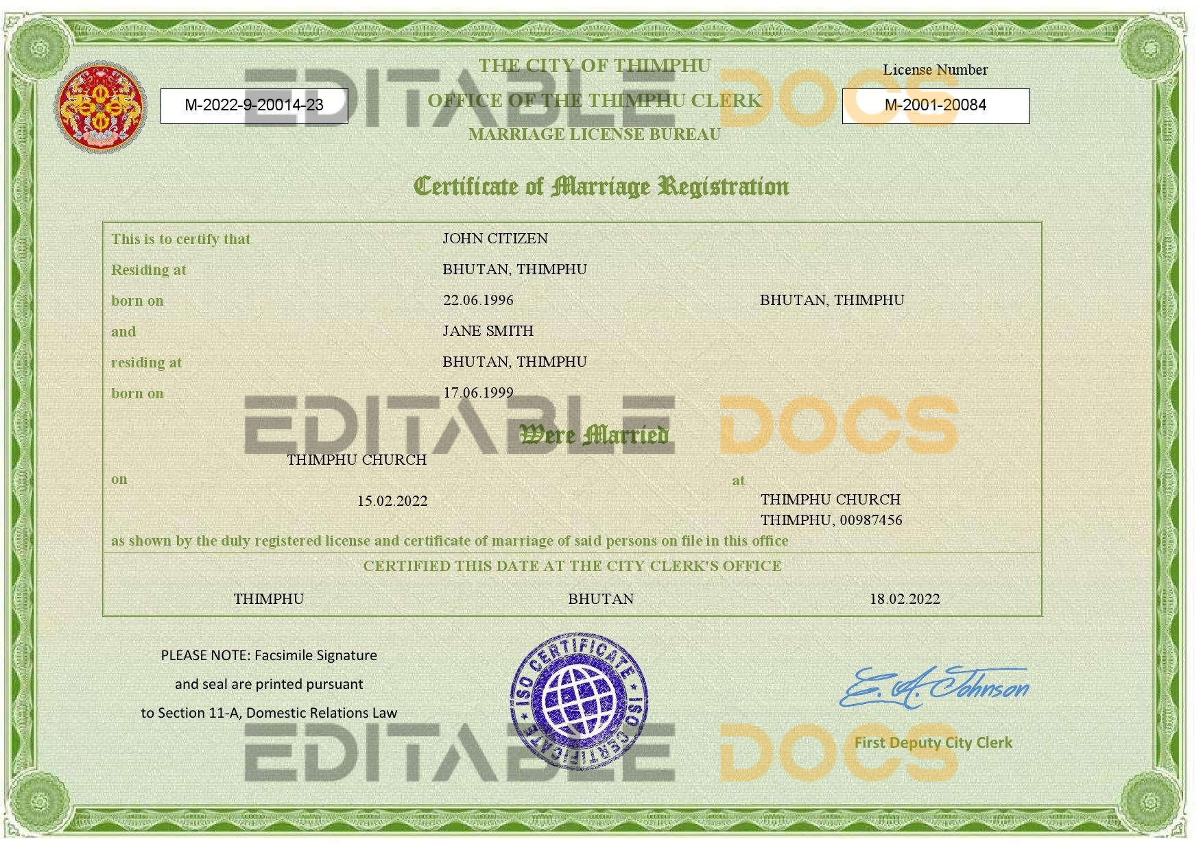 Bhutan Marriage Certificate | Editable PDF Templates