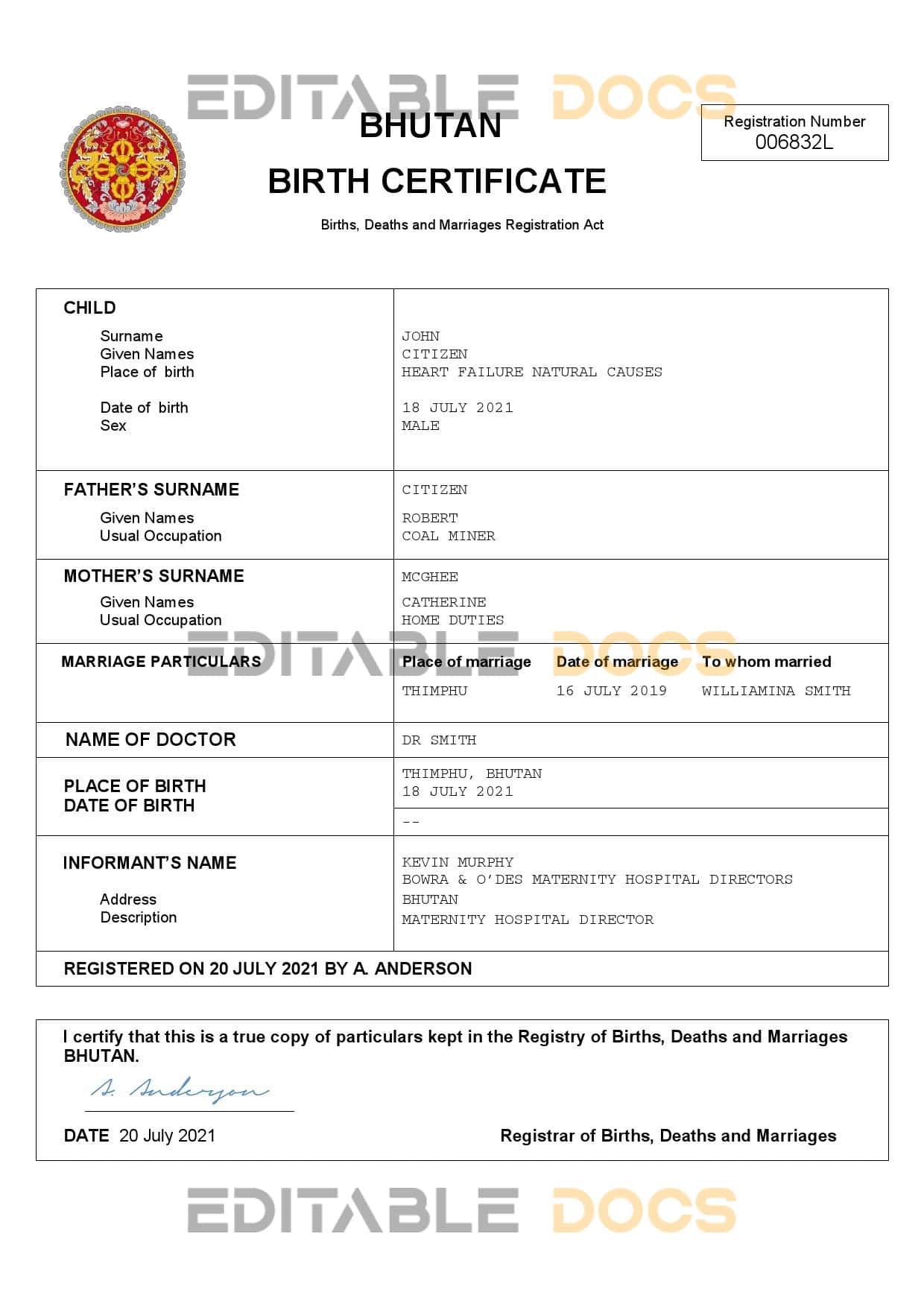 Authentic Bhutan Birth Certificate Template | Customize and Download Online