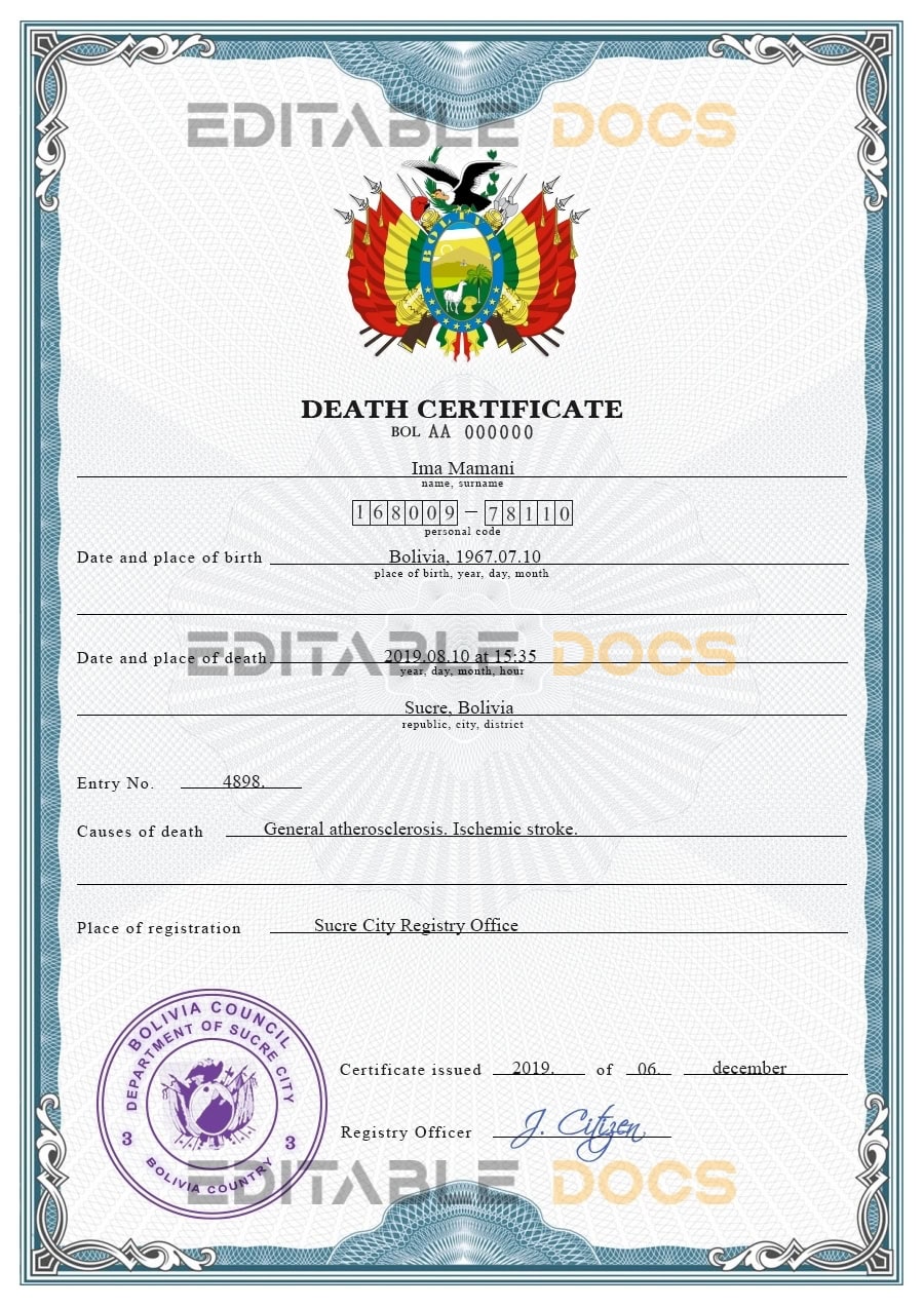 Customizable Bolivia Death Certificate PSD Templates | Instant Download