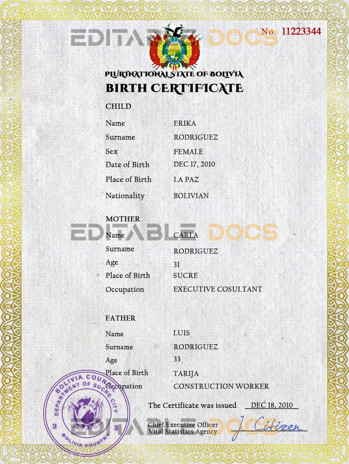 Authentic Bolivia Birth Certificate Template | Customize and Download Online